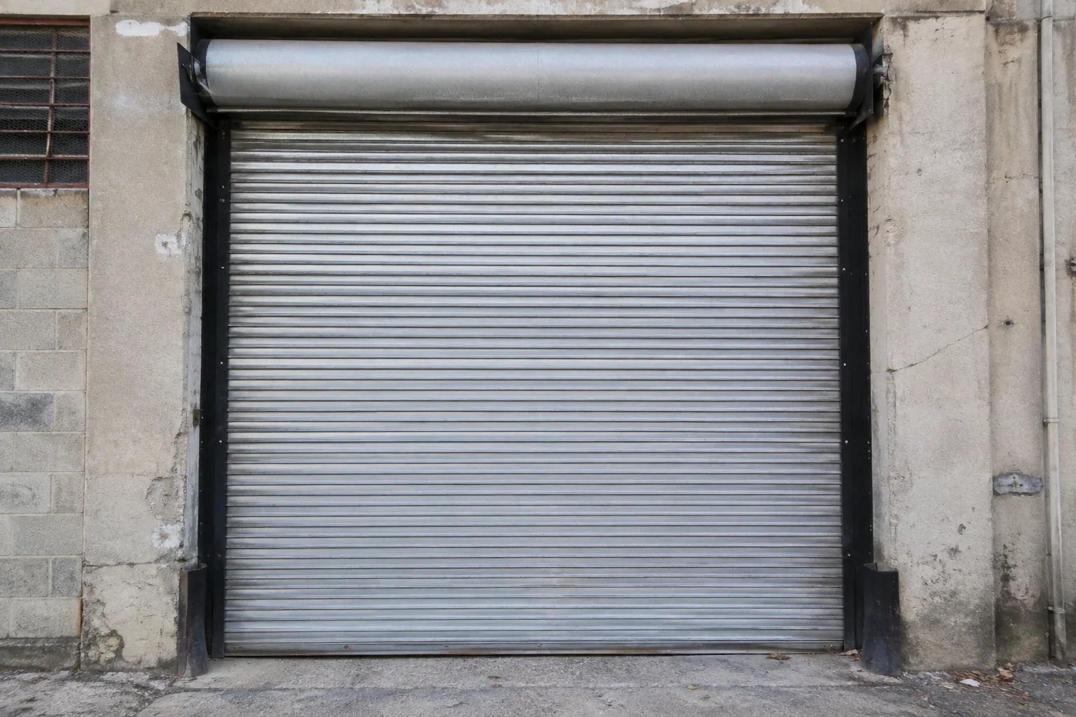 Closed metal rolling shutter in a weathered warehouse opening.