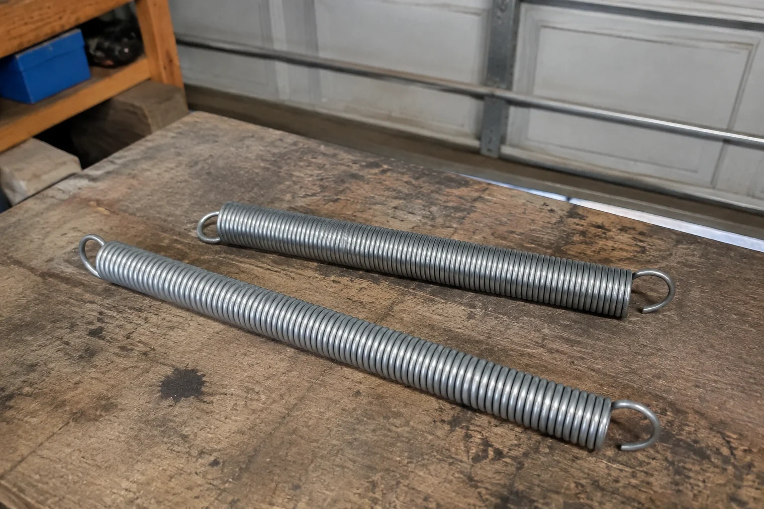 Two detached extension springs with hooked ends on a garage bench.