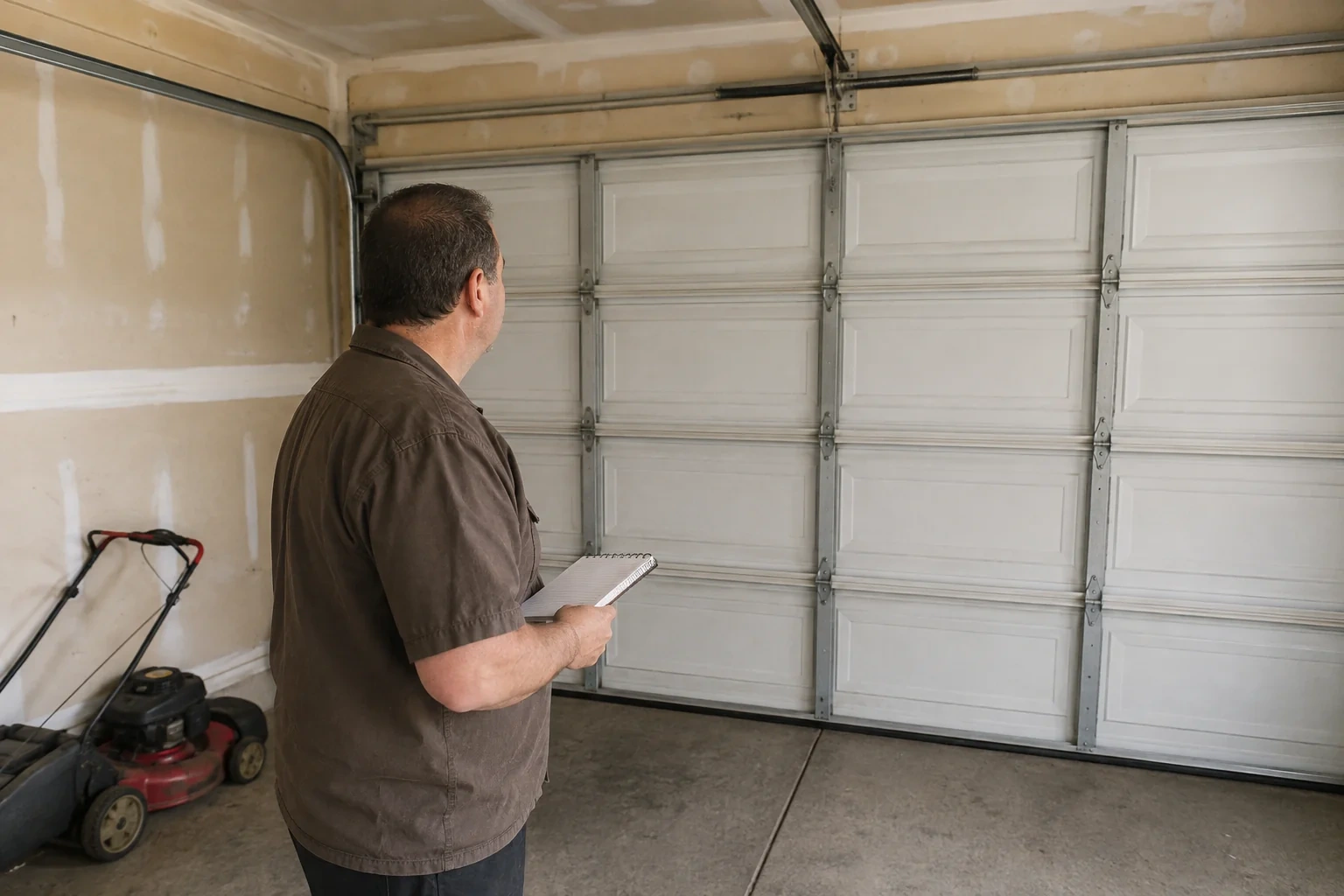Technician holding a notebook while looking at a closed sectional door.
