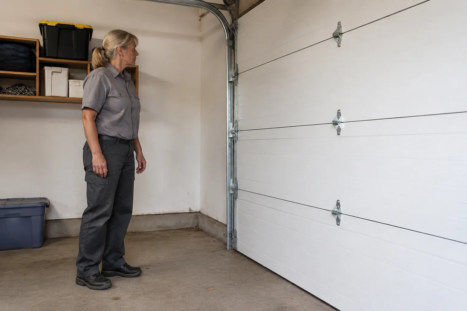 Technician standing beside the track of a closed sectional garage door.