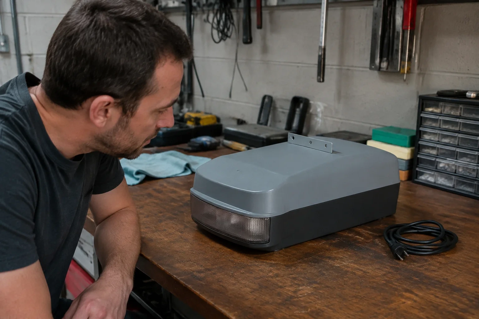Technician examining a detached opener housing beside an unplugged cord.