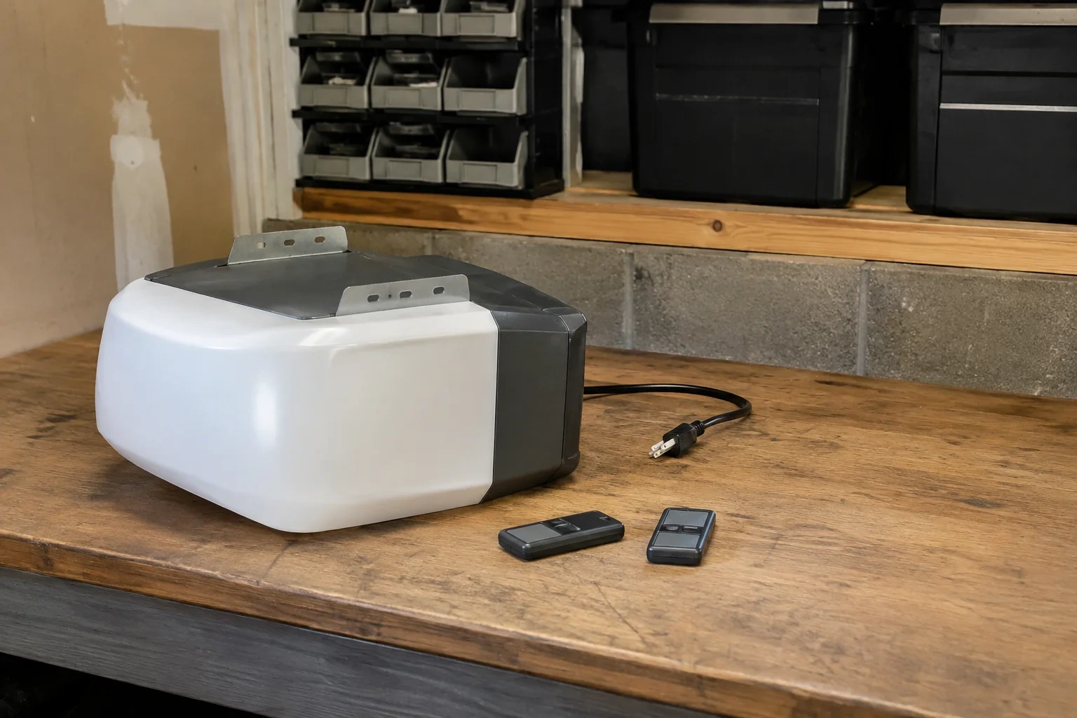 Detached opener housing and two remotes on a garage bench.