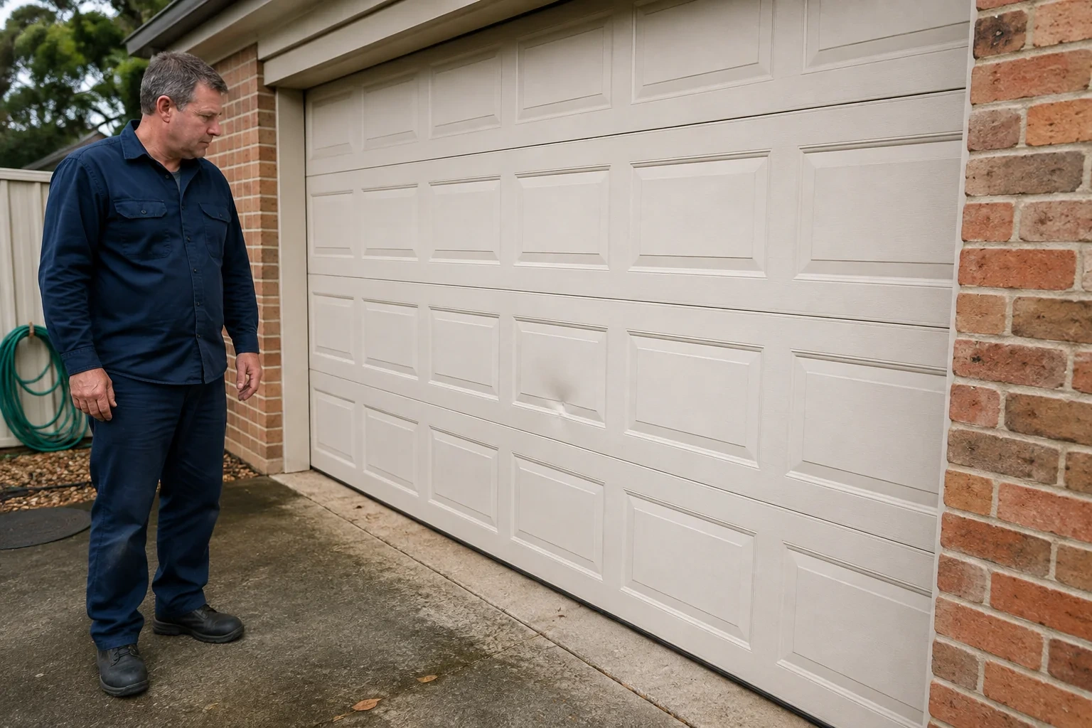 Technician looking at a shallow dent in a closed cream sectional garage door.