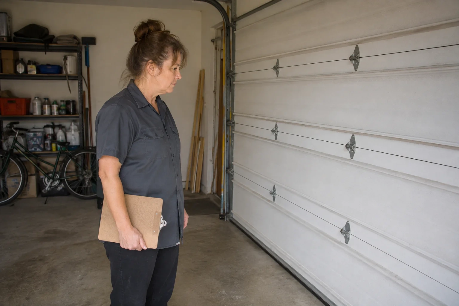 Technician with a clipboard beside a closed sectional garage door in an ordinary garage.