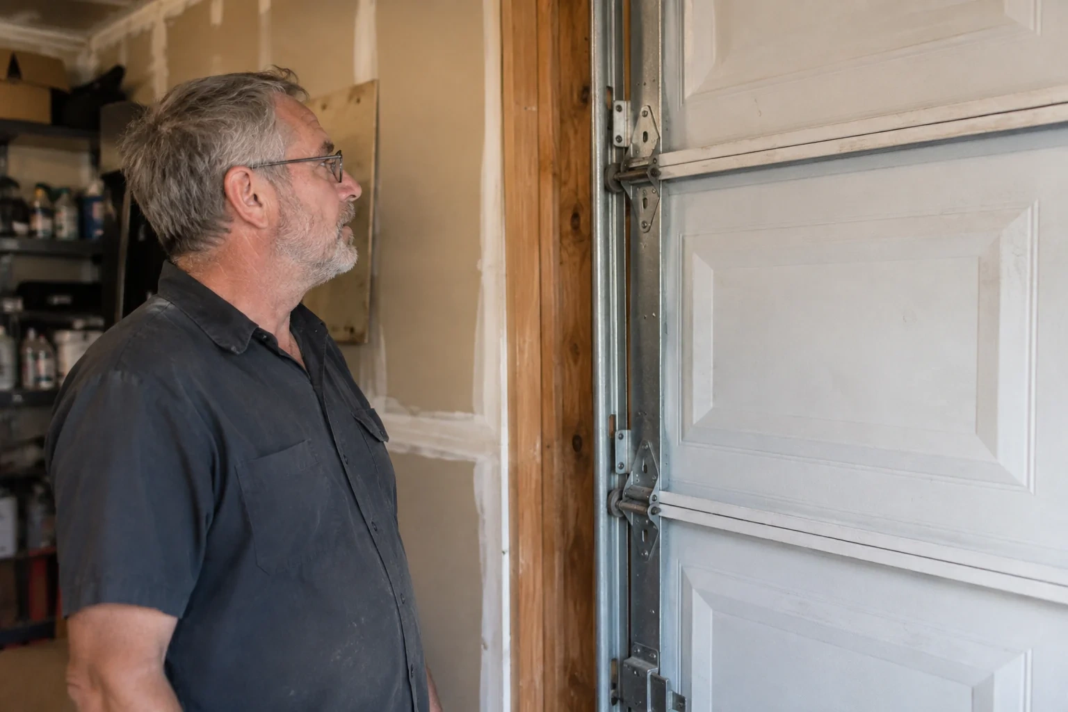 Technician looking at vertical garage door track and edge hinges.