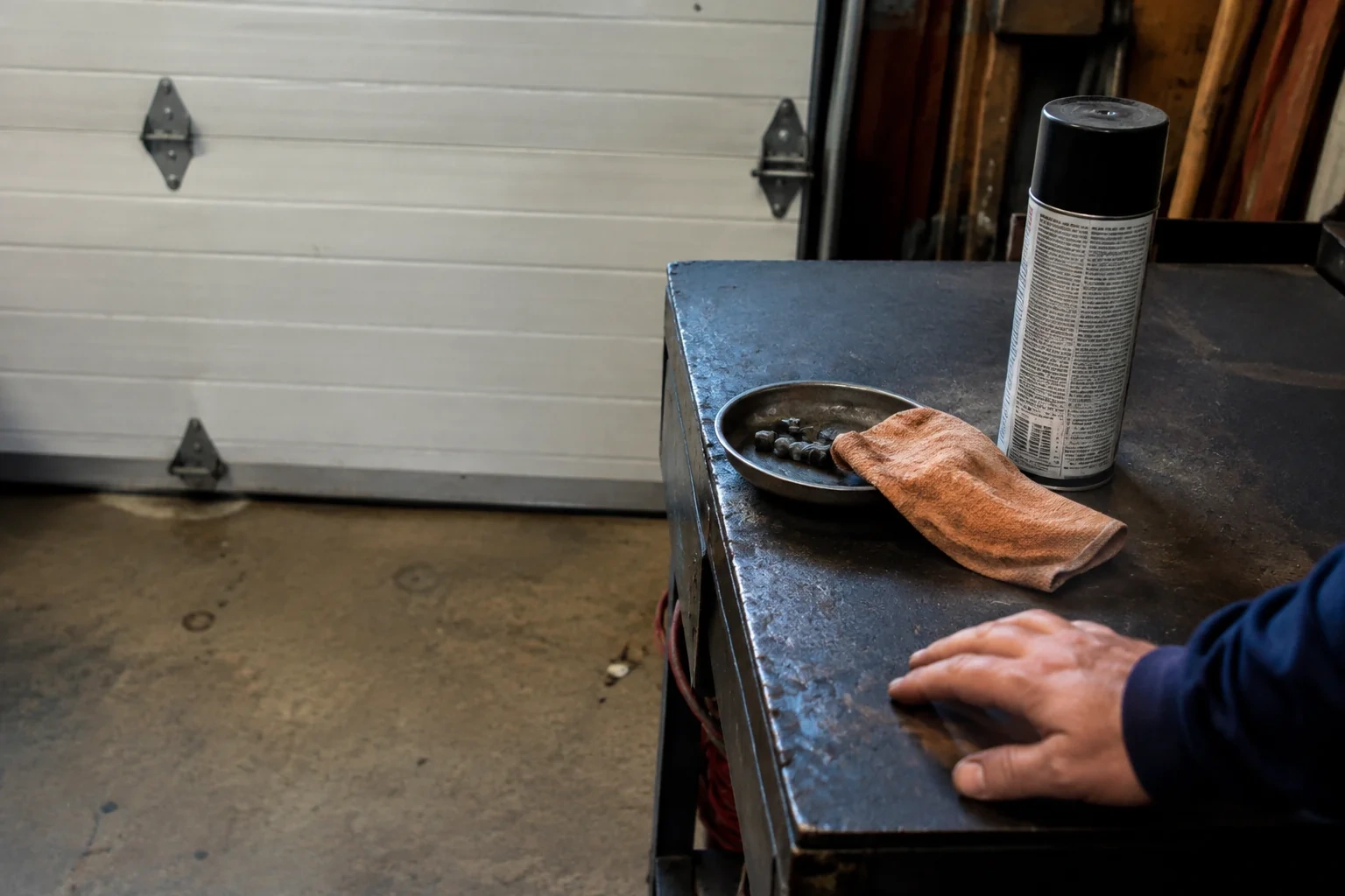 Capped service can, bolts and folded rag beside a hand on a garage workbench.