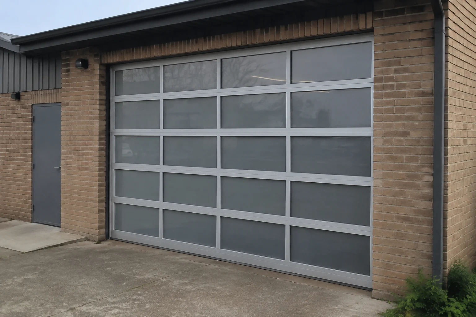 Closed glazed sectional door in a grey metal frame at a brick workshop.