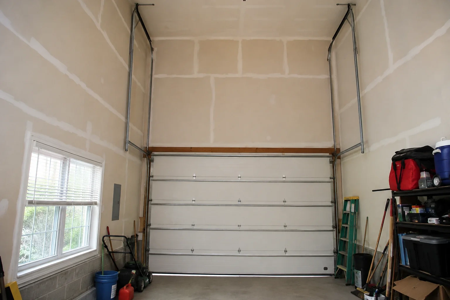 Tall garage interior with a sectional door and tracks extending into overhead space.
