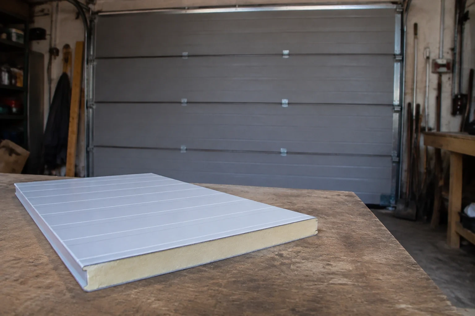 Panel sample with a pale foam core between painted outer skins.