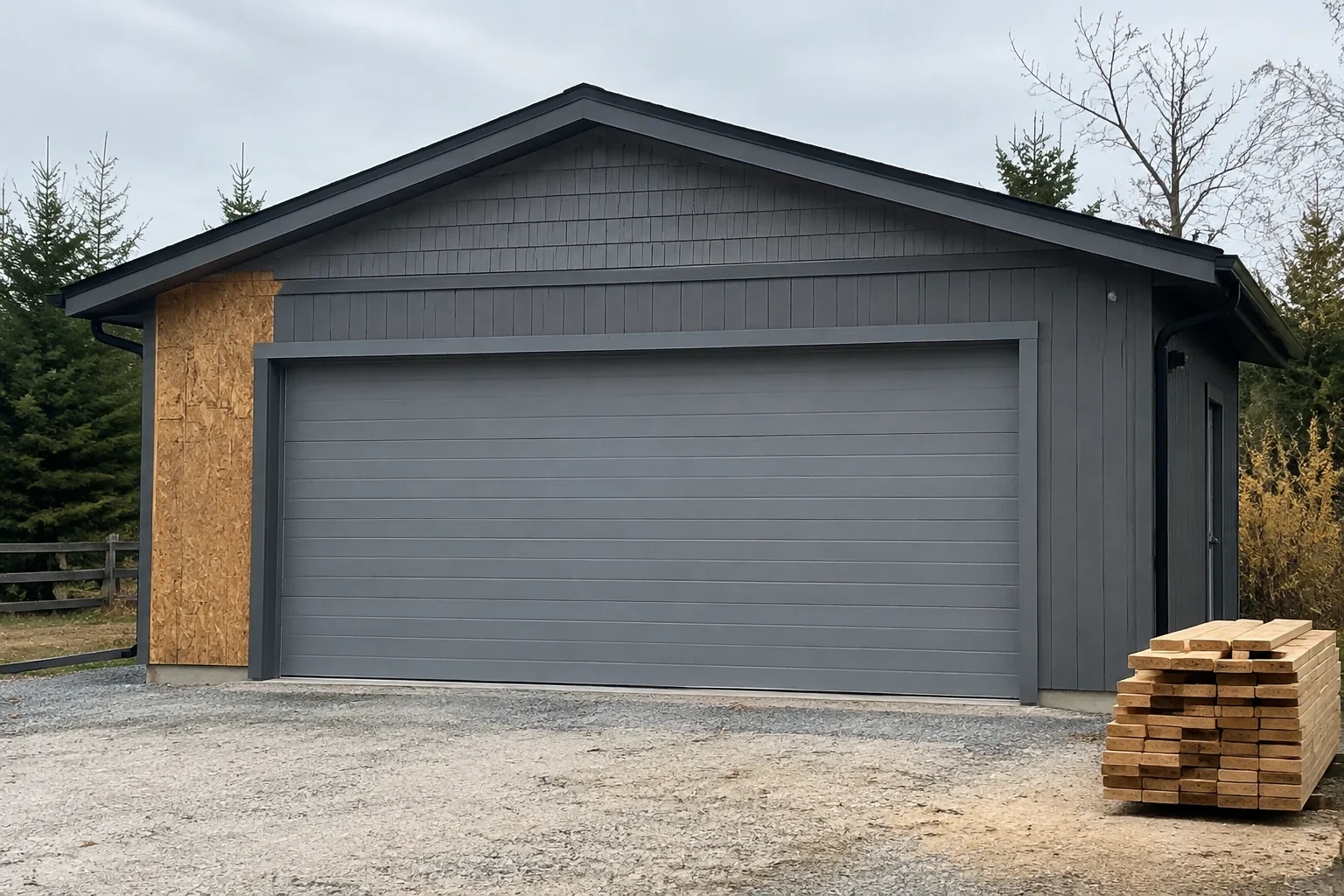 Closed grey garage door on a partly finished building beside stacked lumber.