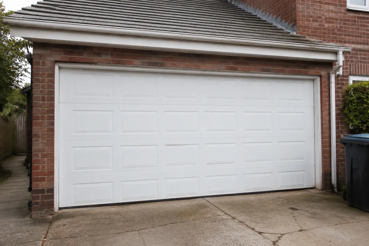 Closed white sectional garage door at an ordinary brick house.