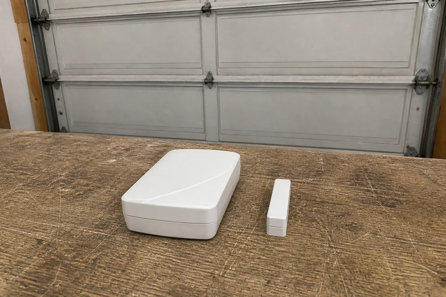 Plain white controller housing and separate small sensor on a garage workbench.
